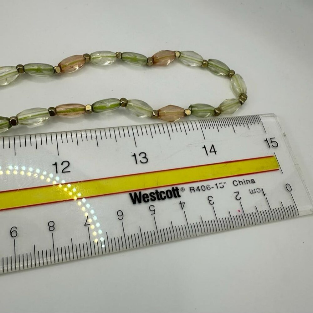 Lenox Iridescent Glass Beads Green Peach Clear Tones Gold Iridescent Necklace - Picture 9 of 9